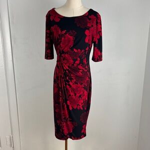 Vtg Whimsigoth Ruched‎ Black Red Asian Floral Long Sleeve Dress Grunge Size 10